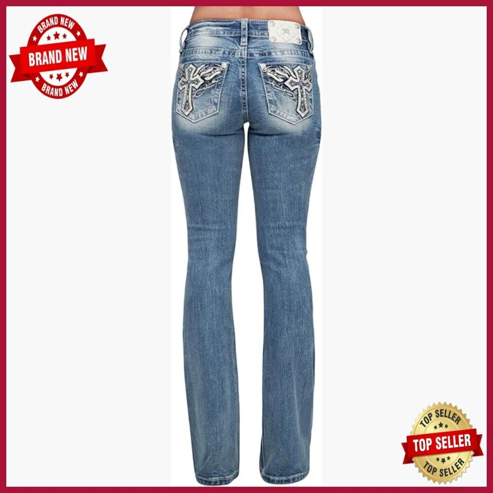 Mid Rise Bootcut Jeans with Embroidered Winged Cross Pockets